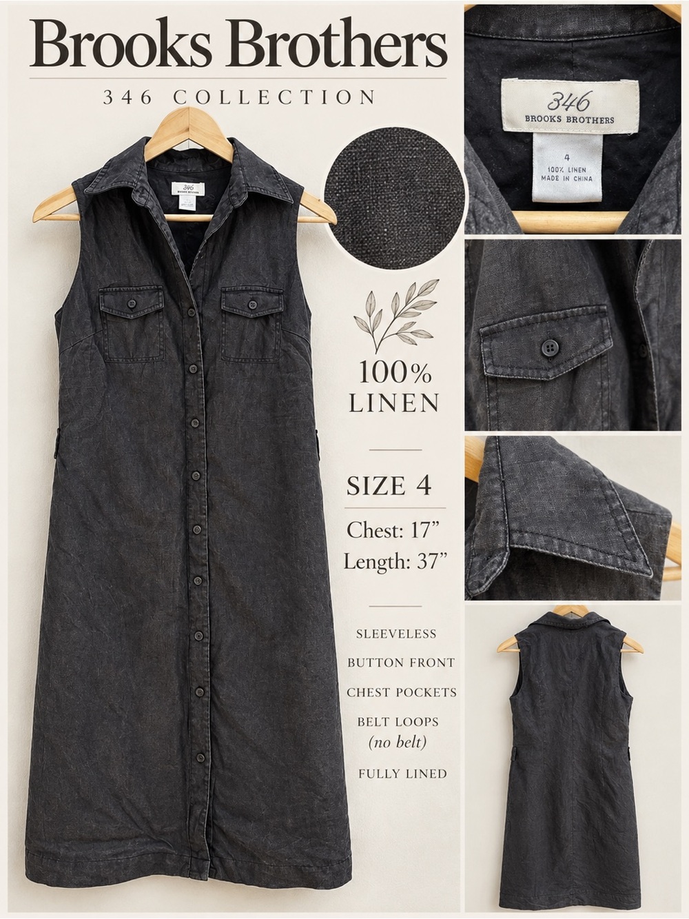 100% Linen Brooks Brothers 346 Midi Shirt Dress Size 4